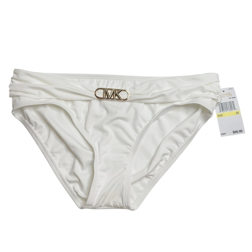 MICHAEL Michael Kors Kors Belted Bikini Bottom Hardware Solid White Medium New